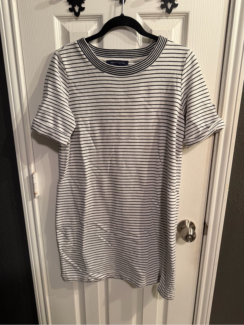 Tommy Hilfiger Black and White Striped Crewneck Top